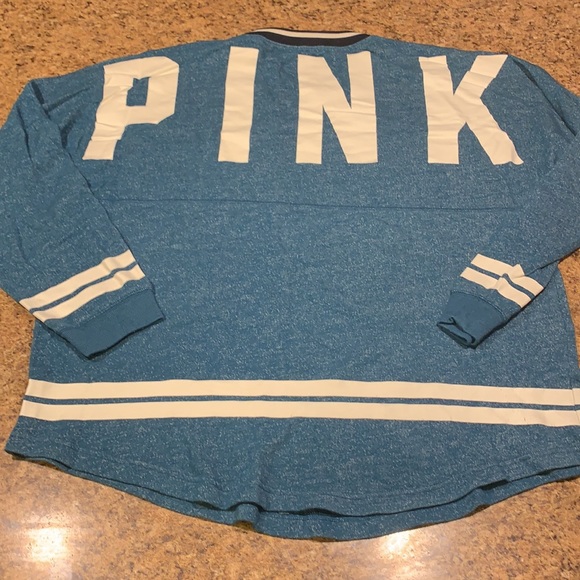 EUC VICTORIA SECRET PINK VARSITY PULLOVER SWEATSHIRT LARGE MARL BLUE - Picture 1 of 6